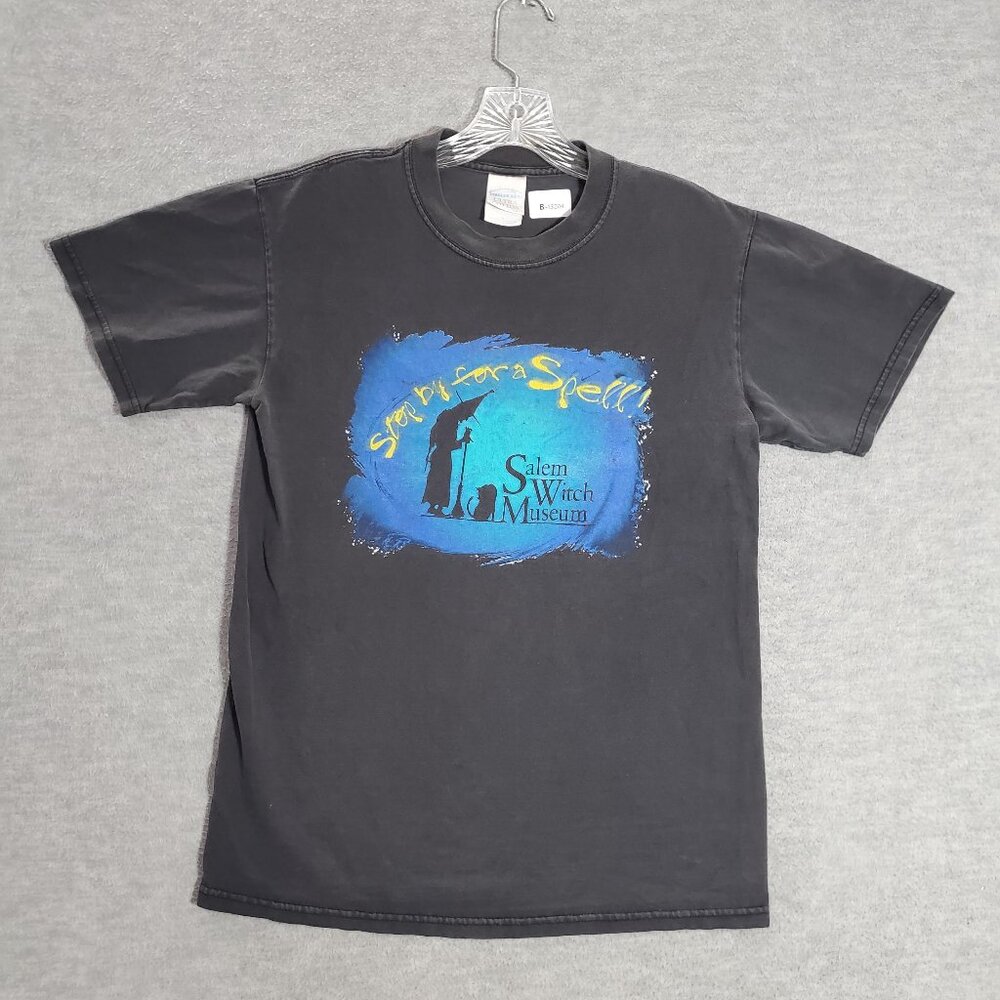 VINTAGE Salem Witch Museum Men Shirt Small Black Stop By For A Spell READ